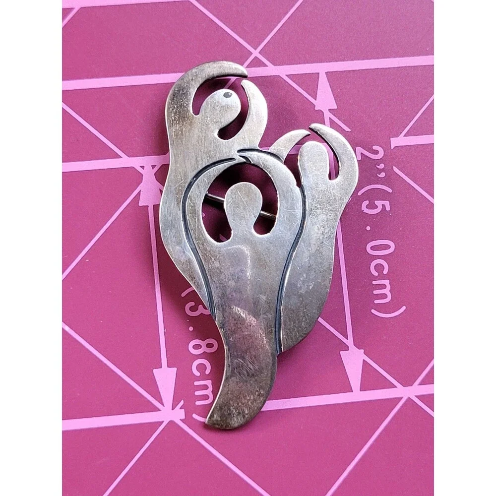 Vintage Sterling Silver Free Spirit Trio Modernist Artisan Signed Brooch Pin